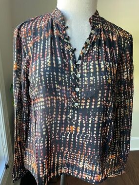 Bella Dahl Black Blouse with Cream, Orange & Coral Dot Pattern